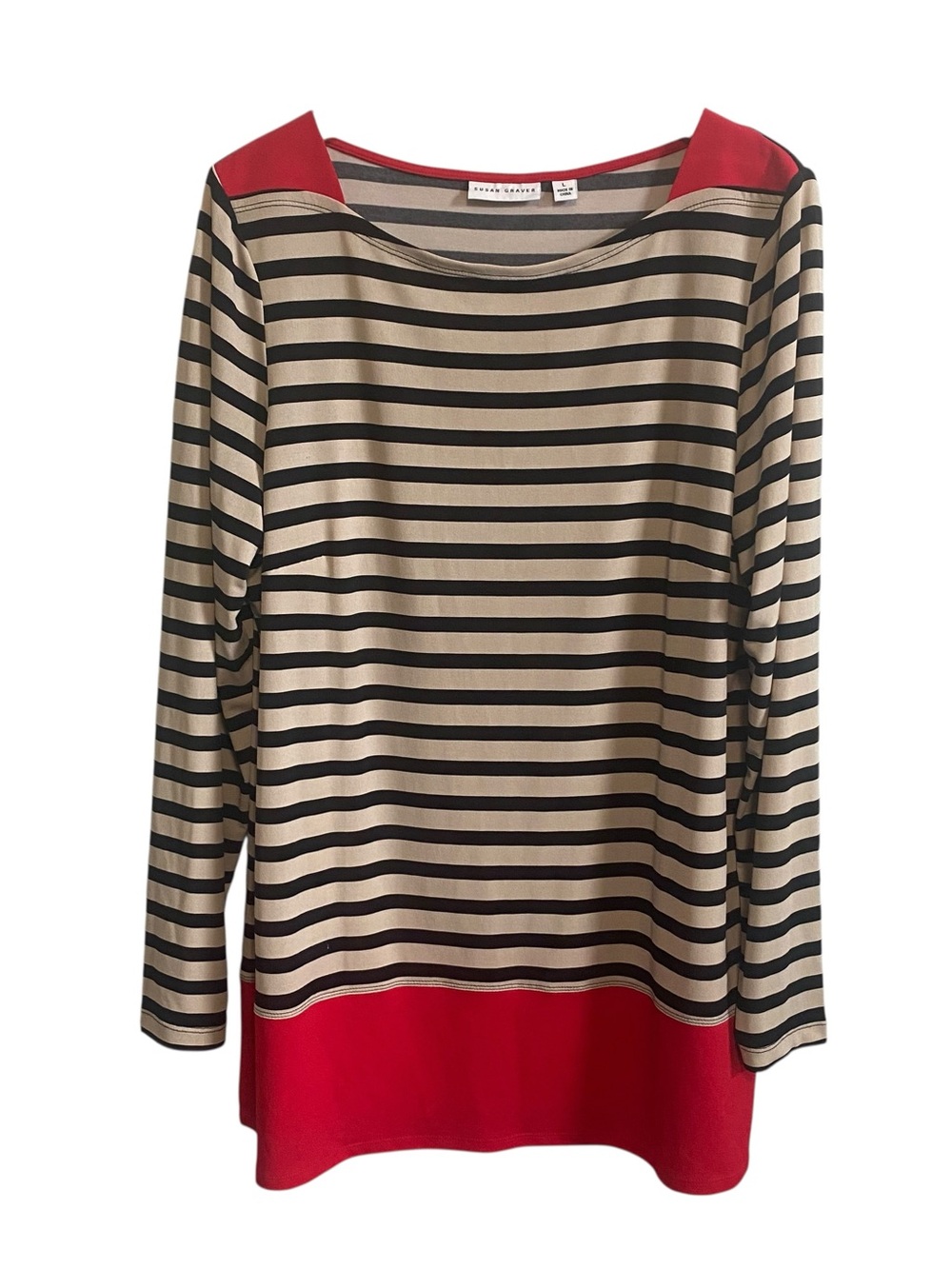 Susan Graver Liquid Knit French Stripe Long Sleeve Top Size Large